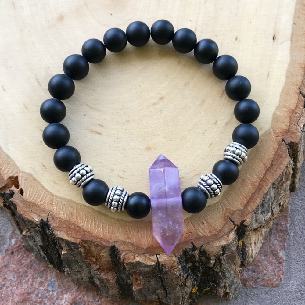 Amethyst bead bracelet . Genuine double point amethyst crystal & onyx gemstones - Picture 1 of 9